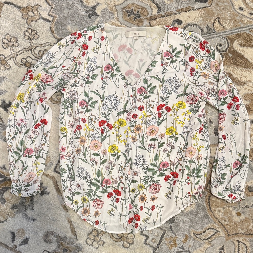 LOFT Floral Blouse - Red, Yellow, Green on White